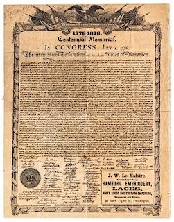 * (BROADSIDE) Declaration of Independence. Centennial Memorial Broadside. New York, c. 1876.