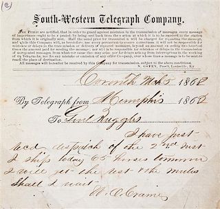 (CIVIL WAR; MISSISSIPPI) RUGGLES, GEN. DANIEL. 14 telegrams sent to Ruggles from March 1862 to Sept. 1863.