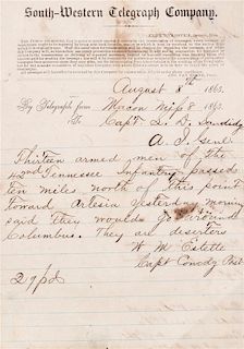 (CIVIL WAR; MISSISSIPPI) Six telegrams sent between June 17, 1862 and August 8, 1863.
