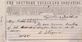 (CIVIL WAR; VIRGINIA) SHELBY, GEN. ISAAC. MS telegram sent from Lynchburg, VA  to Maj. Isaac Shelby, Dec. 26, 1864.