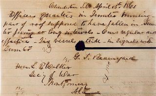 * (CIVIL WAR) FORT SUMTER. Highly important MS telegram, from General Pierre G.T. Beauregard to L.P. Walker, April 13, 1861.