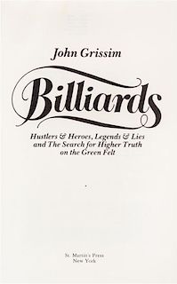 GRISSIM JOHN. Billiards. New York, [1978] First ed. Signed by 10 cast members of the movie The Baltimore Bullet, (1980).