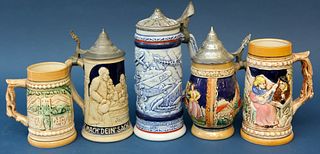 Five Pottery Steins