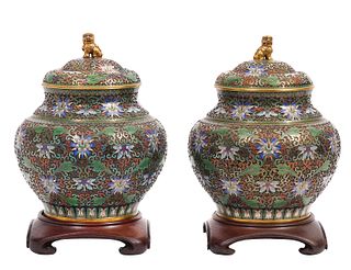 Pr. Chinese Cloissone Ginger Jars with Wood Bases