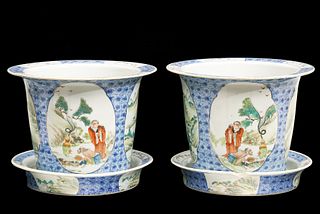 Pr. Chinese Porcelain Planters w/ Under Plates