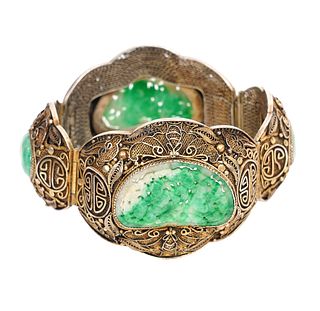 Chinese Antique Jade & Sterling Link Bracelet