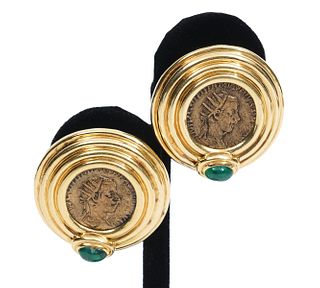 Pr. 14K YG Emerald & Coin Omega Clip Earrings