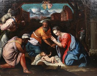17th C. Circle of Salviati Nativity Oil Painting