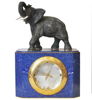 Unusual Elephant Clock with Lapis & Vermeil Silver
