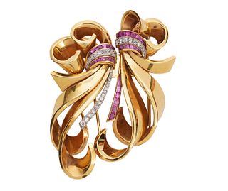 18K Gold, Diamond & Ruby Dual Dress Clip-Brooch