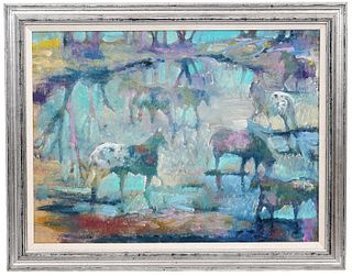 Earl Bliss 'Ponies in a Pond' Oil on Canvas