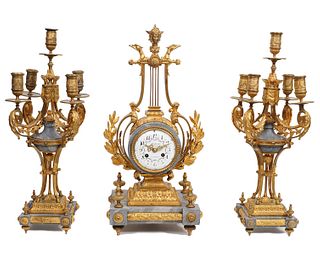 French Empire Gilt Bronze & Marble Garniture Set