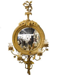 English 19th C. Gilt Convex Mirror & Sconces