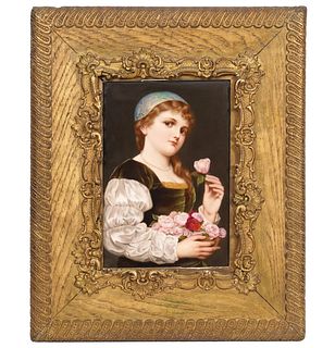 KPM Porcelain Plaque of Young Girl with Roses