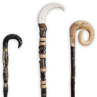 (3Pc) Horn Carved Walking Stick Grouping