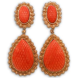Italian 18k Gold and Coral Drop Earrings