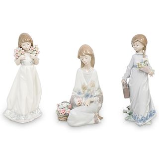(3 Pc) Lladro Porcelain Grouping - Girl w/ Flowers