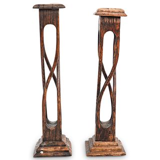 Pair Of Antique Carved Wood Candle Sticks