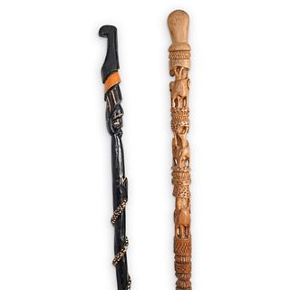 (2Pc) African Carved Wood Walking Sticks