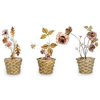 (3 Pc) French Tole Gilt Metal Floral Baskets