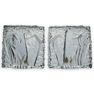 Mid-Century Ice Textured Glass Eagle Bookends
