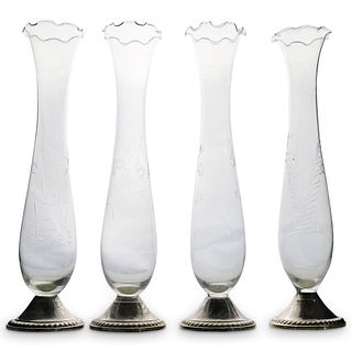 (4 Pc) Duchin Creation Glass & Sterling Silver Bud Vases