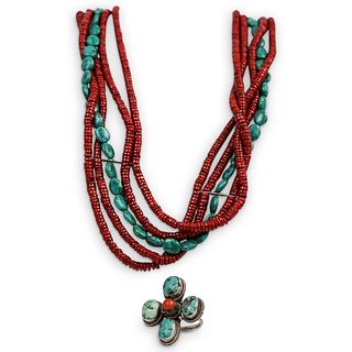 (2 Pc) Sterling Silver Turquoise & Red Coral Jewelry Set