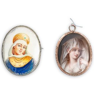 (2 Pc) Hand Painted European Cameo Brooches