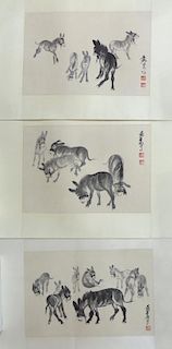 Chinese Triptych Of "Donkey" Watercolors.