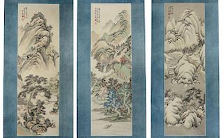 Chinese Triptych Of Landscape Watercolors