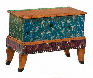 CONTEMPORARY FOLK ART PAINTED CHILD SIZED BLANKET CHEST BY SHOESTRING CREATIONS