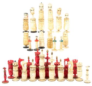 (2) CARVED AND STAINED CHESS SETS