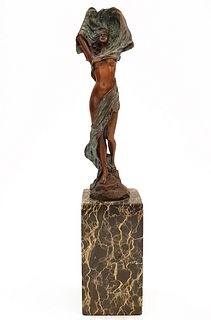 Lady Wind, Art Deco Patinated Bronze Figurine, Signed