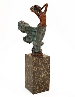 Lady In Wind, Art Deco Patinated Bronze Figurine Signed