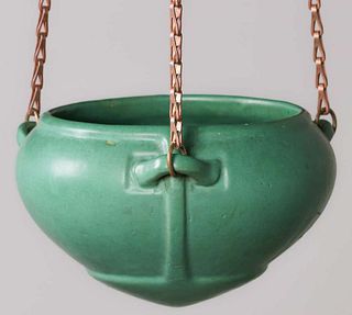 Roseville Pottery Matte Green Hanging Basket c1910