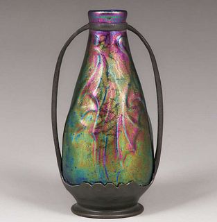Heliosine - Austrian Iridescent Pottery & Pewter Vase c1905