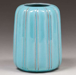 California Faience Turquoise Blue Ribbed Vase c1920s