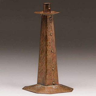 Hammered Copper Square Riveted Candlestick c1910