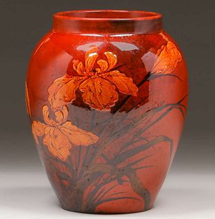 Early Rookwood Pottery Albert Valentien Mahogany Glaze Floral Vase 1885