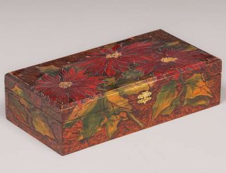 Arts & Crafts Pyrography Floral Carved & Painted Box c1910