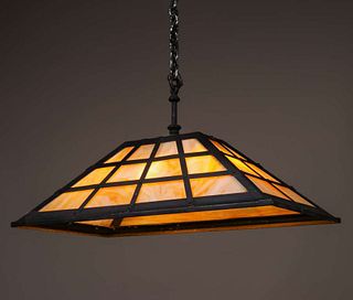Arts & Crafts Hand-Forged Iron & Slag Glass Billiardâ€™s Lamp c1920s