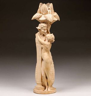 Large Teco Pottery Bisque Vase Satyr & Nymph c1905
