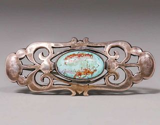 Arts & Crafts Sterling Silver & Turquoise Cutout Brooch c1905