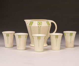 Roseville Ceramic Design Pitcher & 5 Cups c1915