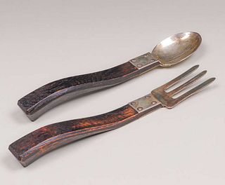 Charles Rohlfs Oak & Silver Plated Hammered Copper Salad Set c1905