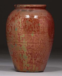Pewabic PotteryÂ Mottled Orange Iridescent Glazed Vase