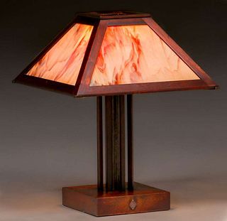 Roycroft Mahogany & Slag Glass Lamp c1910
