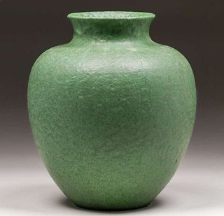 Grueby Pottery Matte Green Bulbous Vase c1905