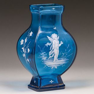Victorian Blue Glass Vase Painted Cherub c1900s