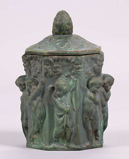 Atlantic Pottery Octagonal Stoneware Covered Figural Vase c1900